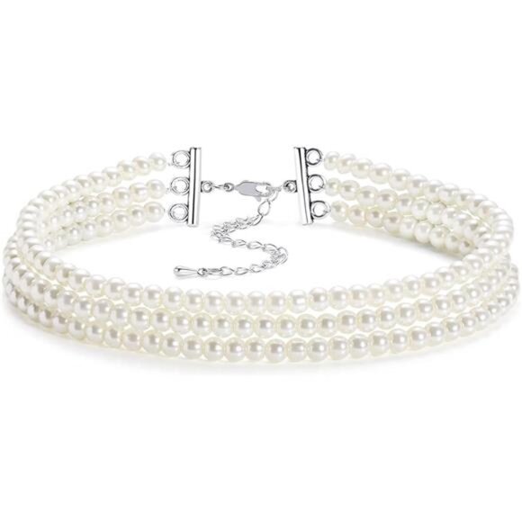 BABEYOND Round Imitation Pearl Choker Necklace Multi Strands Choker 20s Flapper - Picture 6 of 6